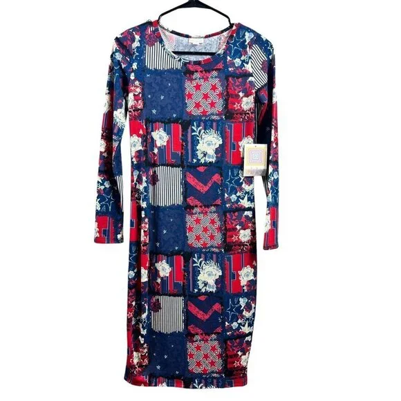 LuLaRoe Debbie Women's Navy Blue & Red Long A-Line Dress - Picture 1 of 6